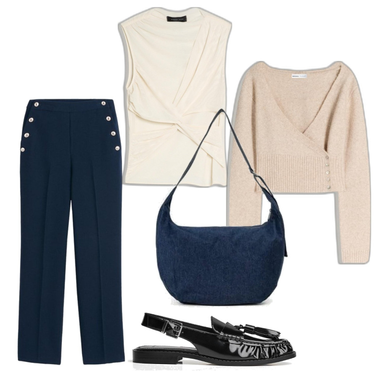 Outfit mujer - Elegante. Estilo Bon Ton para Todos los días. Combinación con cárdigans, top, pantalones, bandoleras, mocasines.