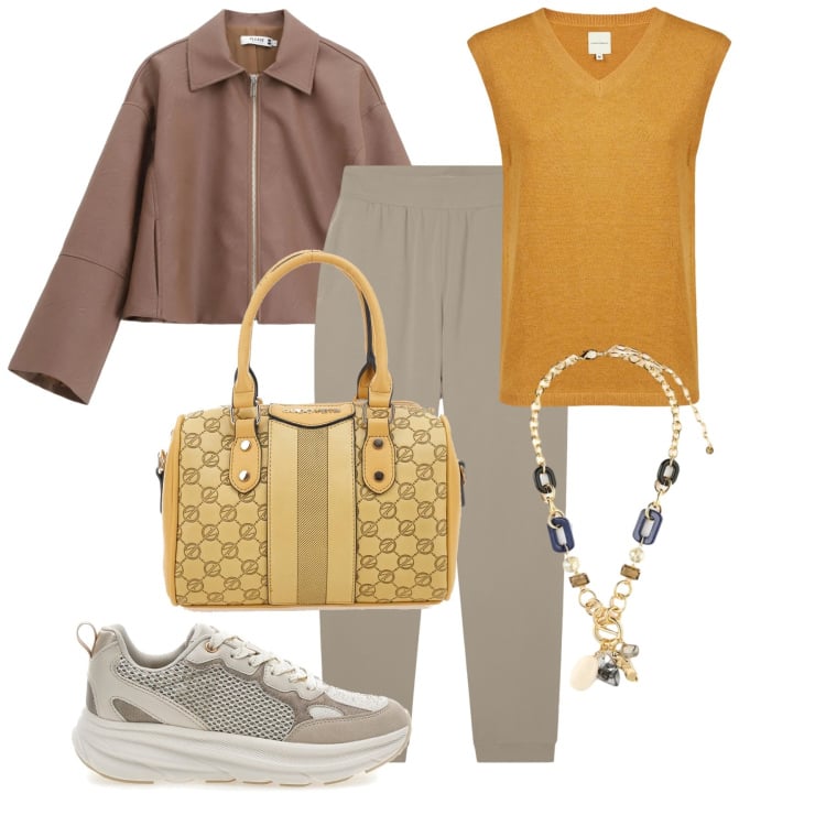 Outfit donna - Giallo sole. Stile Basic per Tutti i giorni. Abbinamento con collane, blazer, pantaloni, maglieria, borse a spalla, sneakers.
