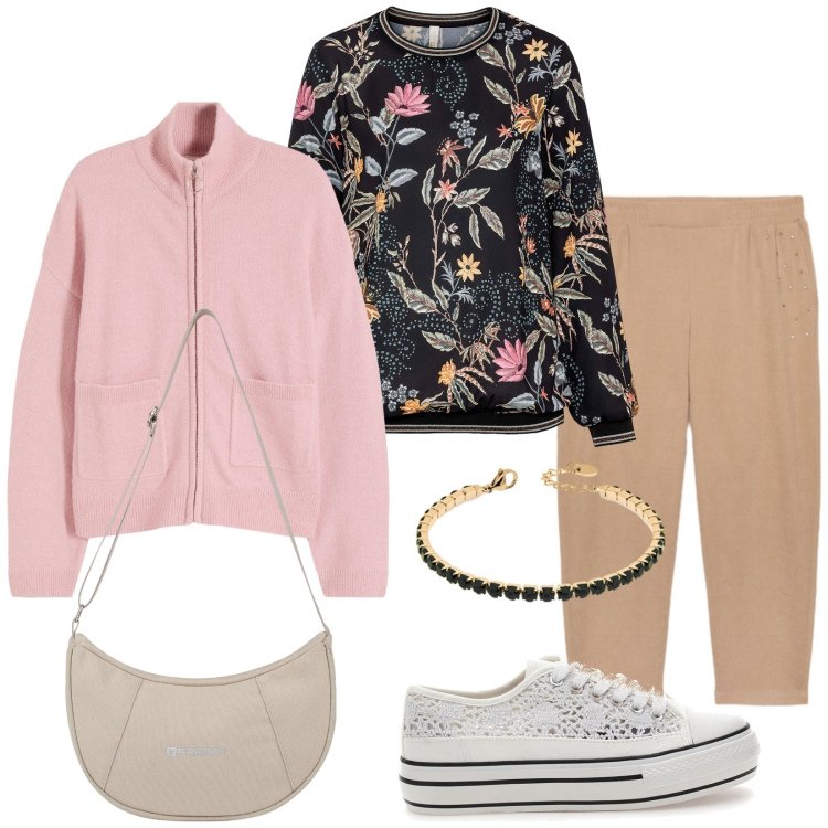 Outfit donna - La blusa a fiori. Stile Casual per Tutti i giorni. Abbinamento con cardigans, bluse, pantaloni, braccialetti, borse a spalla, sneakers.