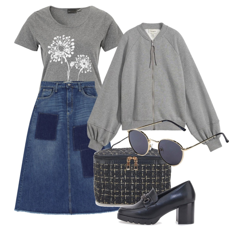 Outfit donna - Denim di mezza stagione. Stile Preppy per Tutti i giorni. Abbinamento con t-shirt, occhiali da sole, bomber, gonne lunghe, valigie, mocassini.