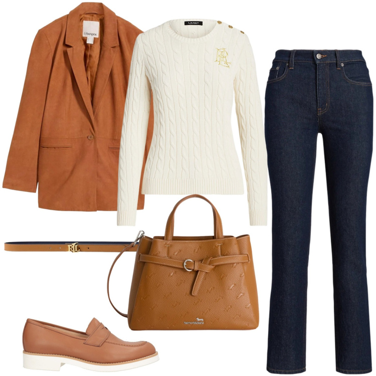 Outfit donna - Total look #2351056. Stile Casual chic per Ufficio. Abbinamento con mocassini, blazer, borse a mano, maglieria, jeans bootcut, cinture.