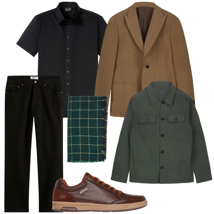 Outfit uomo - Serata in compagnia. Stile Trendy per Serata speciale. Abbinamento con jeans dritti, camicie a manica corta, sciarpe, giacche, cappotti, sneakers.