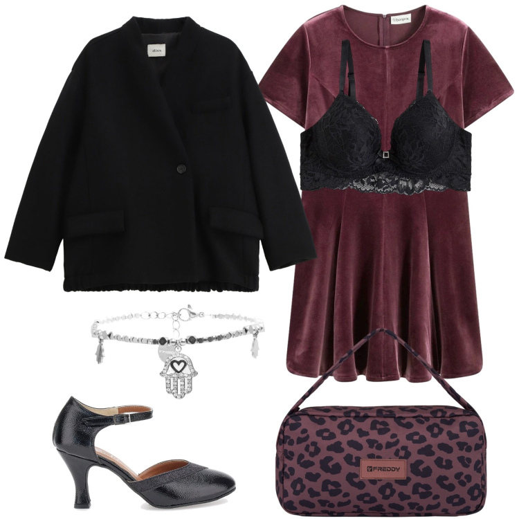 Outfit donna - Marzo di sera. Stile Vintage retrò per Serata fuori. Abbinamento con vestiti corti, reggiseni, blazer, braccialetti, borse a spalla, décolleté.