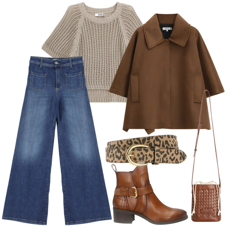 Outfit donna - Total look #2351067. Stile Urban per Tutti i giorni. Abbinamento con cinture, borse a secchiello, top, cappotti, jeans, stivaletti.