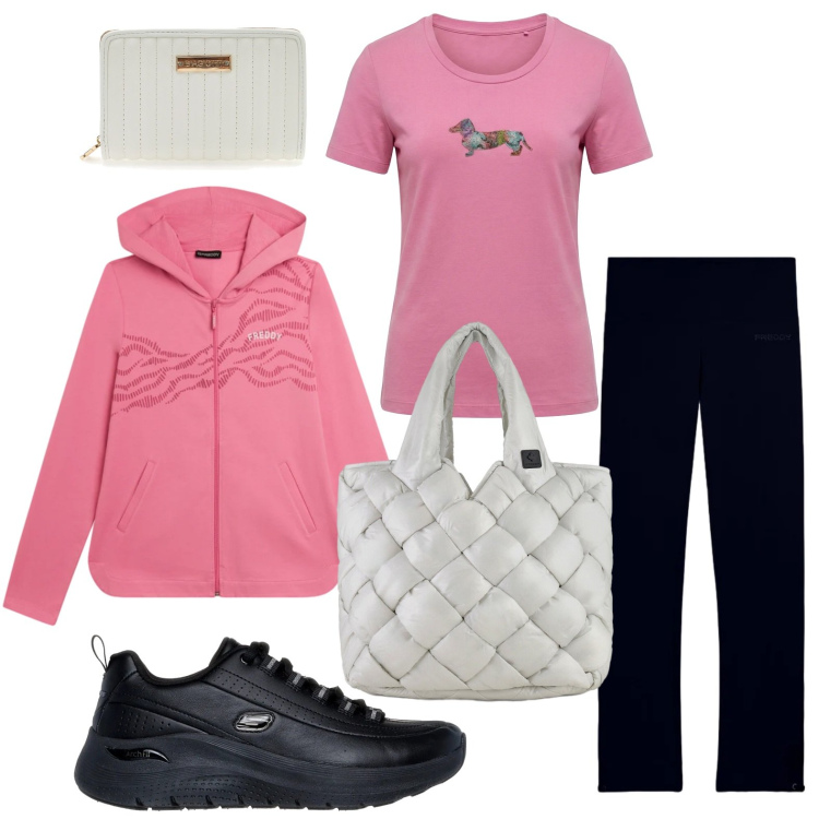 Outfit donna - La bag grigio perla. Stile Minimal per Tutti i giorni. Abbinamento con t-shirt, pantaloni, felpe con cappuccio, borse tote, sneakers, portafogli.