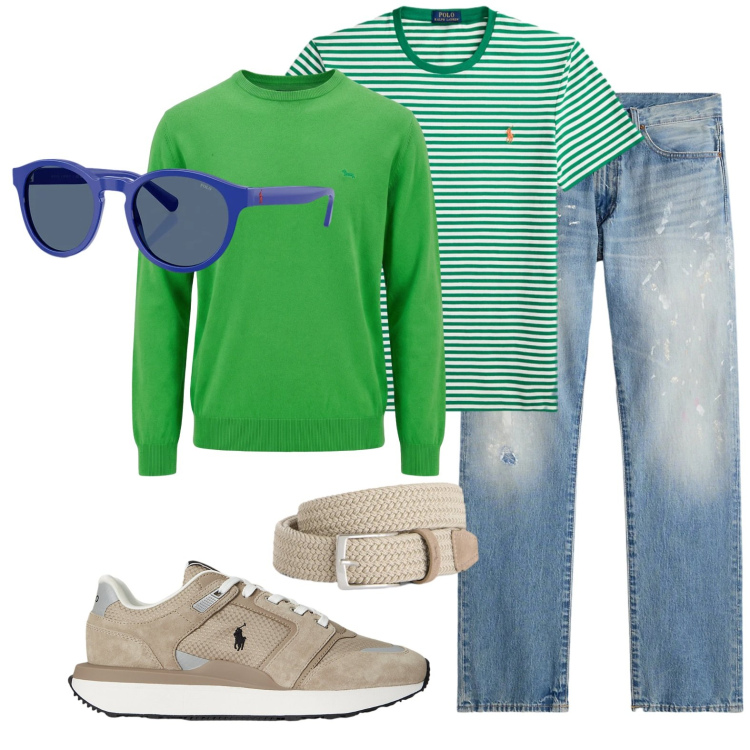 Outfit uomo - Maglia a righe verde. Stile Casual per Tutti i giorni. Abbinamento con cinture, pullovers, occhiali da sole, jeans dritti, sneakers, t-shirt.
