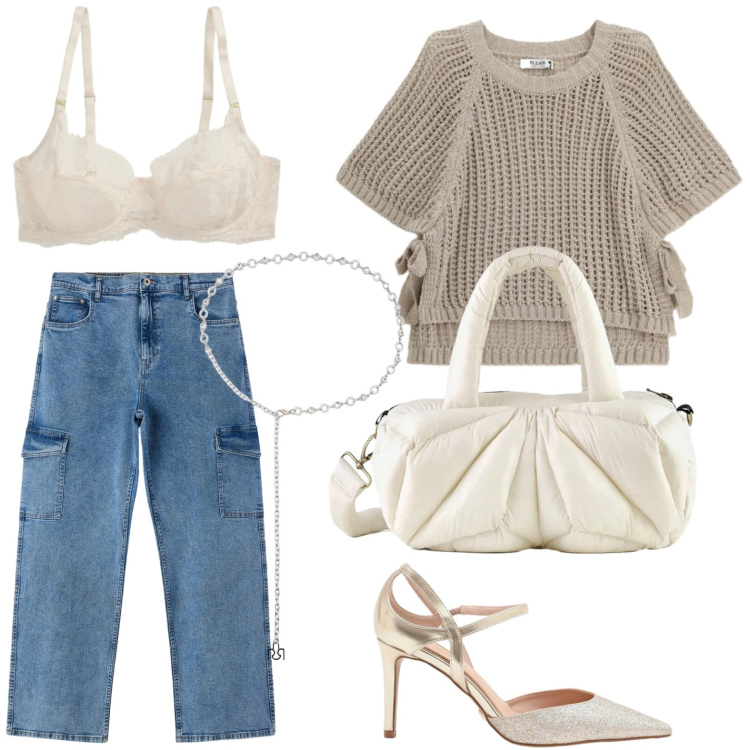 Outfit donna - Tonalità sabbia. Stile Minimal per Tutti i giorni. Abbinamento con jeans dritti, top, cinture, décolleté, borse a mano, reggiseni.