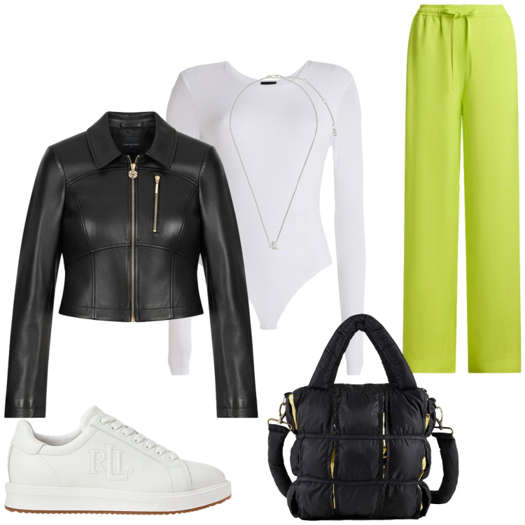 Outfit donna - Acid Pop & Street Leather. Stile Glamour per Tutti i giorni. Abbinamento con body, giacche, borse a mano, ciondoli, sneakers, pantaloni.