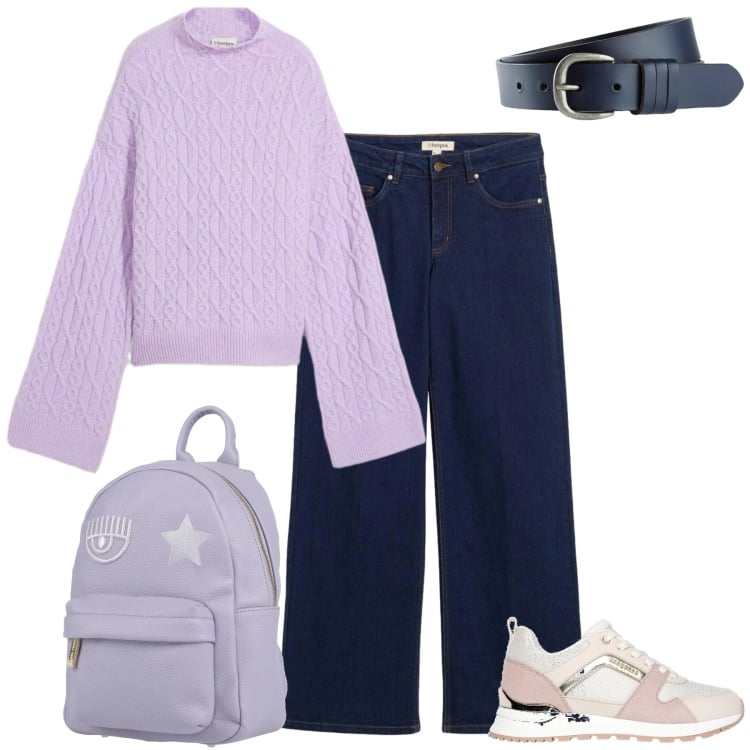 Outfit donna - Total look #2351076. Stile Basic per Tutti i giorni. Abbinamento con zaini, maglieria, jeans dritti, cinture, sneakers.