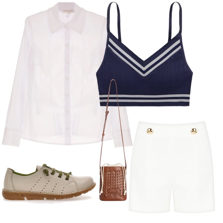 Outfit donna - Yacht Club Moderno. Stile Preppy per Tutti i giorni. Abbinamento con borse a secchiello, camicie, shorts, reggiseni, scarpe stringate.