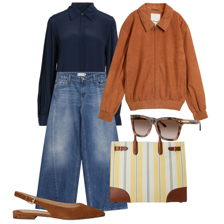 Outfit donna - Marzo. Stile Bon Ton per Ufficio. Abbinamento con camicie, bomber, jeans, occhiali da sole, borse tote, ballerine.