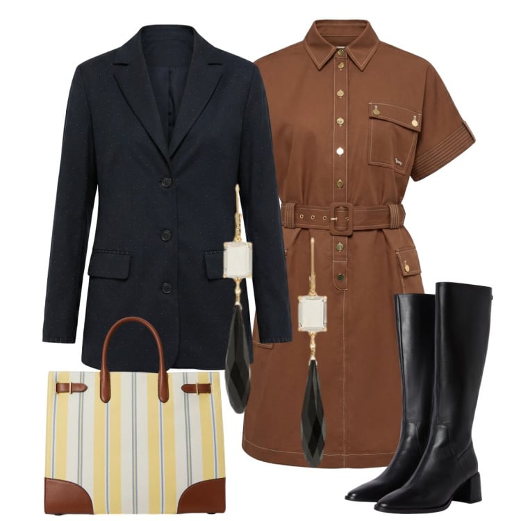 Outfit donna - In città. Stile Bon Ton per Tutti i giorni. Abbinamento con stivali sopra il ginocchio, vestiti chemisier, blazer, orecchini, borse tote.