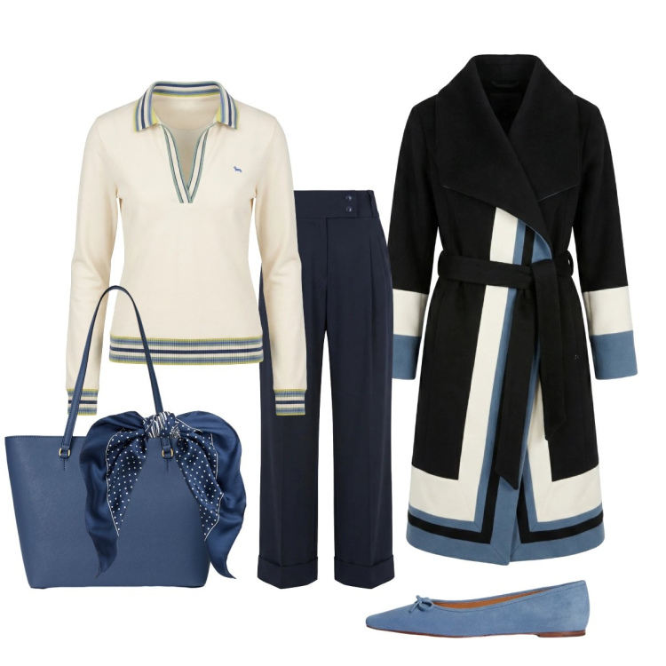 Outfit donna - Appuntamento di lavoro. Stile Trendy per Tutti i giorni. Abbinamento con pantaloni, cappotti, polo, foulard, borse tote, ballerine.