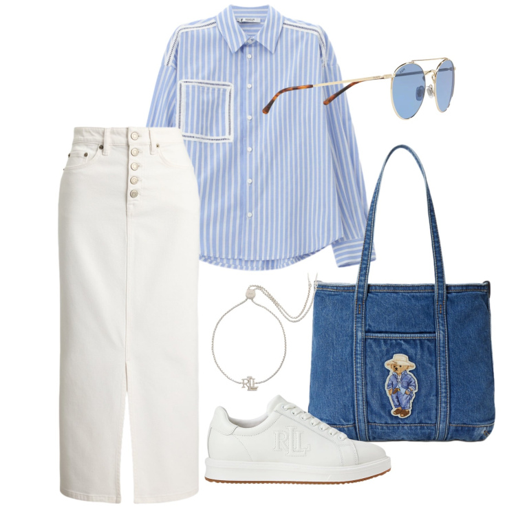 Outfit donna - Marzo. Stile Casual chic per Tutti i giorni. Abbinamento con camicie, braccialetti, sneakers, gonne, occhiali da sole, borse tote.