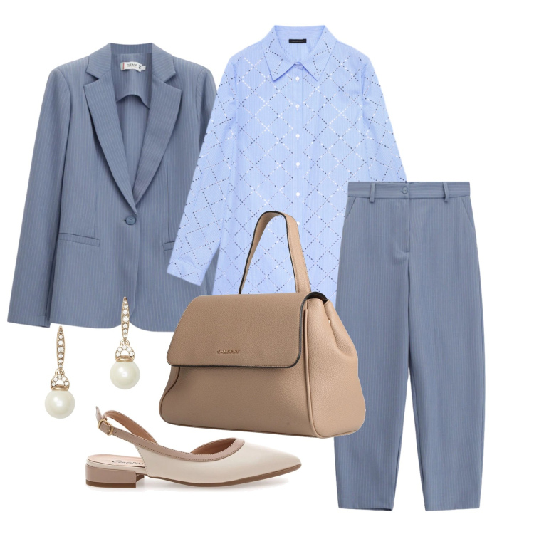 Outfit donna - Marzo. Stile Casual chic per Ufficio. Abbinamento con zaini, camicie, blazer, pantaloni, orecchini, ballerine.