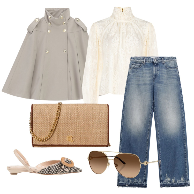 Outfit donna - Marzo. Stile Casual chic per Tutti i giorni. Abbinamento con ballerine, jeans, cappotti, bluse, occhiali da sole, borse a tracolla.