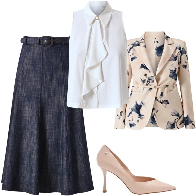 Outfit donna - In centro città. Stile Casual chic per Tutti i giorni. Abbinamento con décolleté, gonne longuette, camicie, blazer.