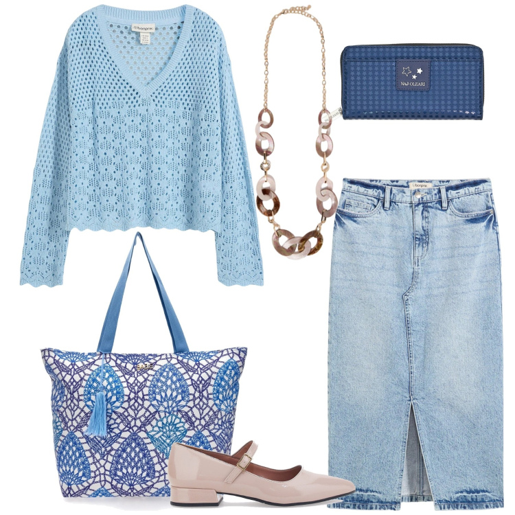 Outfit donna - Total look #2351100. Stile Casual chic per Tutti i giorni. Abbinamento con maglieria, gonne longuette, collane, ballerine, shopping bag, portafogli.