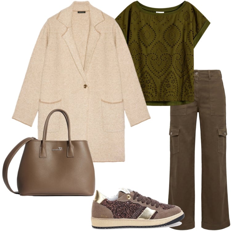 Outfit donna - Marzo. Stile Urban per Tutti i giorni. Abbinamento con t-shirt, pantaloni cargo, borse a tracolla, cardigans, sneakers.