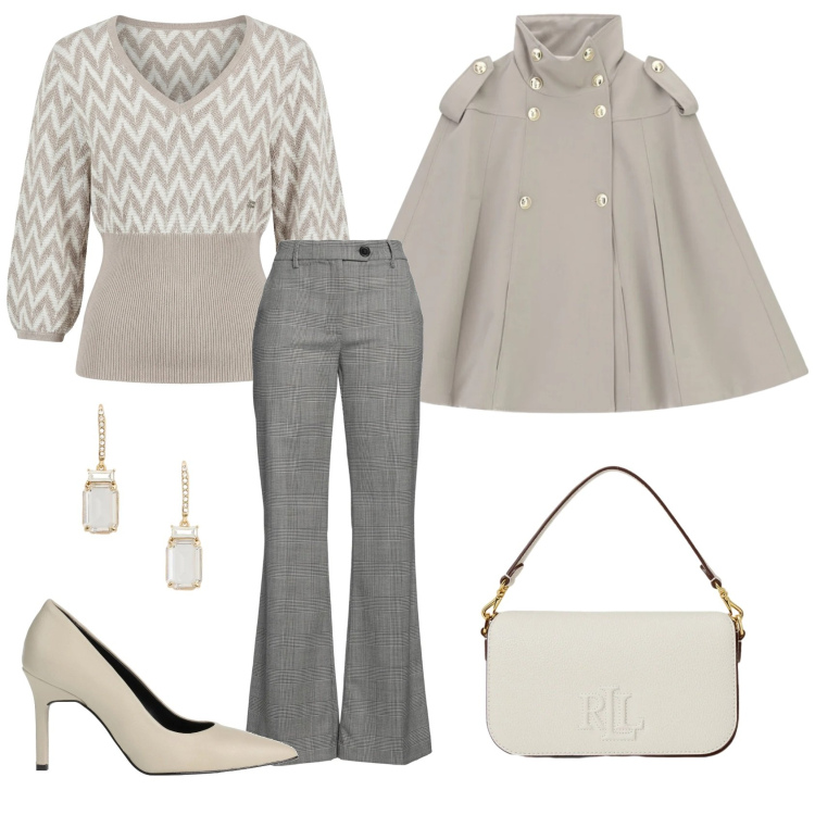 Outfit donna - Total look #2351108. Stile Chic per Ufficio. Abbinamento con pantaloni, décolleté, maglieria, cappotti, borse a spalla, orecchini.