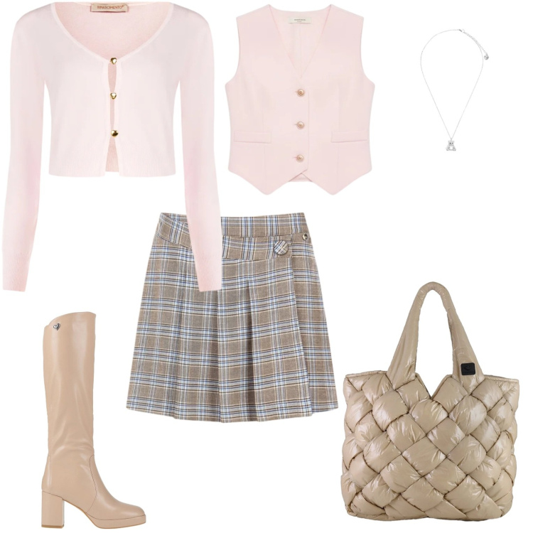 Outfit donna - Sweety. Stile Casual chic per Tutti i giorni. Abbinamento con stivali, ciondoli, gonne, cardigans, gilet, borse tote.