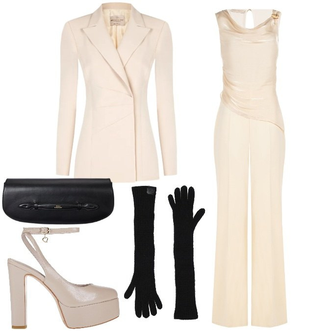Outfit donna - Panna e nero chic. Stile Chic per Cerimonia. Abbinamento con décolleté, guanti, tute, blazer, clutch.