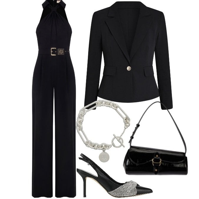 Outfit donna - Belle spalle in mostra. Stile Chic per Cerimonia. Abbinamento con décolleté, tute, blazer, braccialetti, borse a spalla.