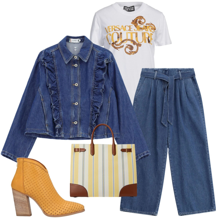 Outfit donna - Marzo in denim. Stile Casual chic per Tutti i giorni. Abbinamento con stivaletti texani, t-shirt, blazer, jeans, borse tote.