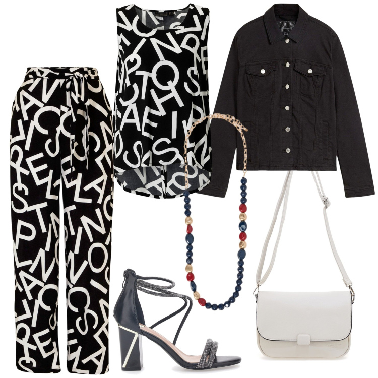 Outfit donna - Total look #2351114. Stile Casual chic per Serata fuori. Abbinamento con blazer, top, pantaloni, collane, sandali col tacco, borse a tracolla.