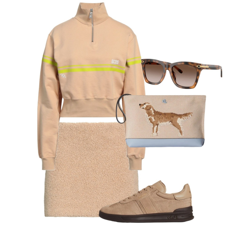Outfit donna - Sand. Stile Sporty chic per Tutti i giorni. Abbinamento con minigonne, felpe, pochette, occhiali da sole, sneakers.