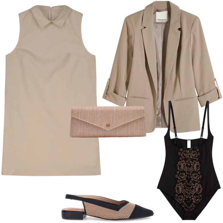 Outfit donna - Abitino ispirazione audrey hepburn. Stile Chic per Tutti i giorni. Abbinamento con body, blazer, pochette, vestiti a tubino, ballerine.