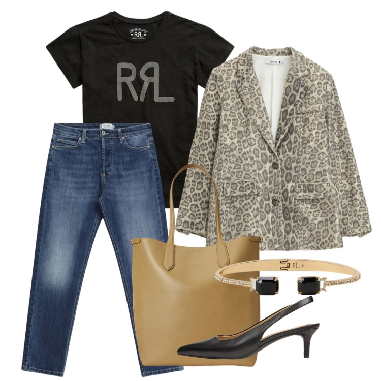 Outfit donna - Marzo animalier. Stile Casual chic per Tutti i giorni. Abbinamento con jeans, blazer, t-shirt, décolleté, borse tote, braccialetti.