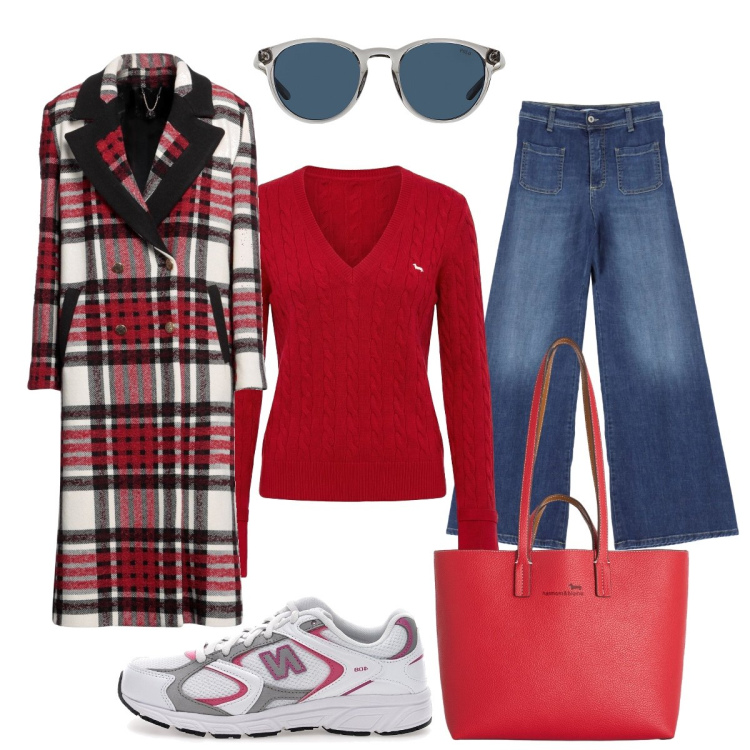 Outfit donna - Per le vie del centro. Stile Chic per Tutti i giorni. Abbinamento con cappotti, pullovers, shopping bag, jeans, occhiali da sole, sneakers.