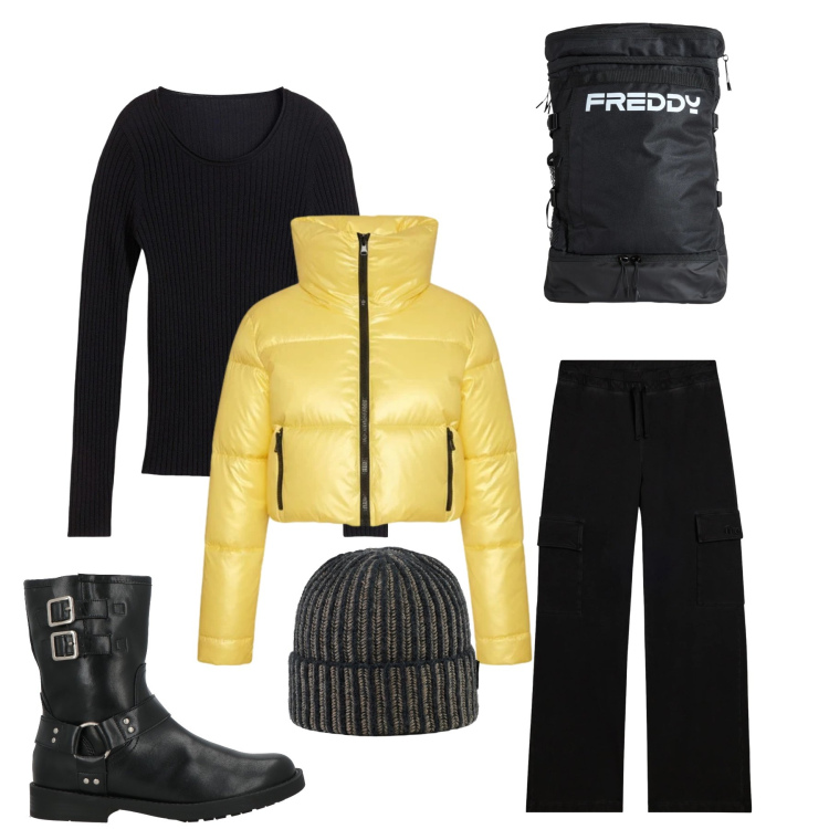 Outfit donna - Urban Pop & Dark Texture. Stile Casual chic per Tutti i giorni. Abbinamento con stivaletti, maglieria, zaini, pantaloni cargo, berretti, piumini.