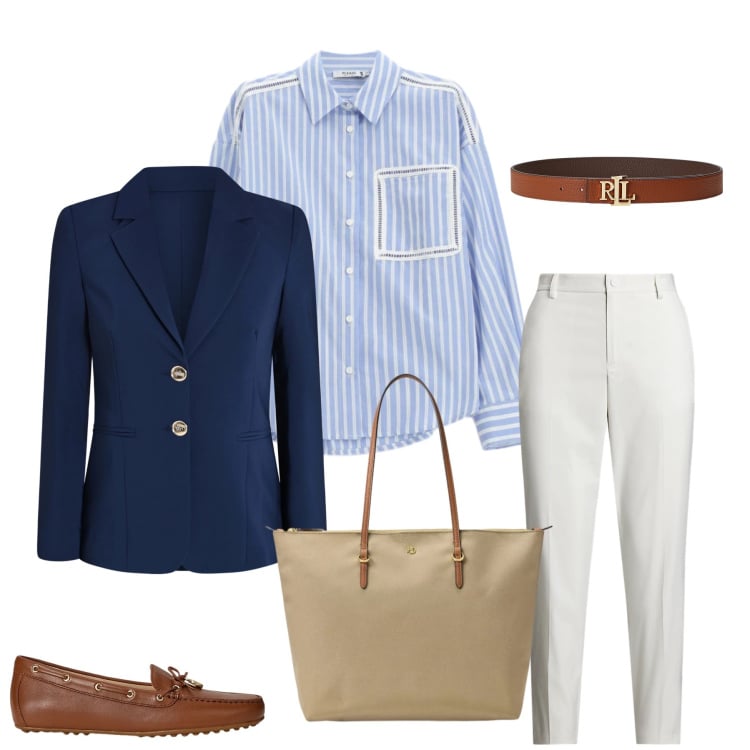 Outfit donna - Urban Nautical & Casual Freschezza. Stile Urban per Tutti i giorni. Abbinamento con camicie, blazer, cinture, pantaloni, mocassini, borse tote.