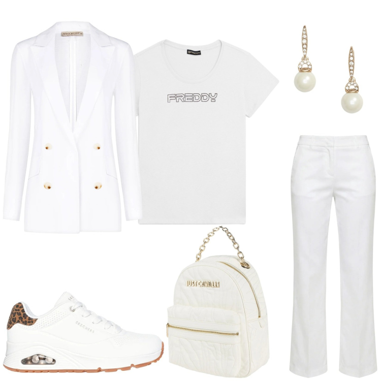 Outfit donna - La Primavera bianca. Stile Casual chic per Serata fuori. Abbinamento con zaini, pantaloni, t-shirt, blazer, orecchini, sneakers alte.