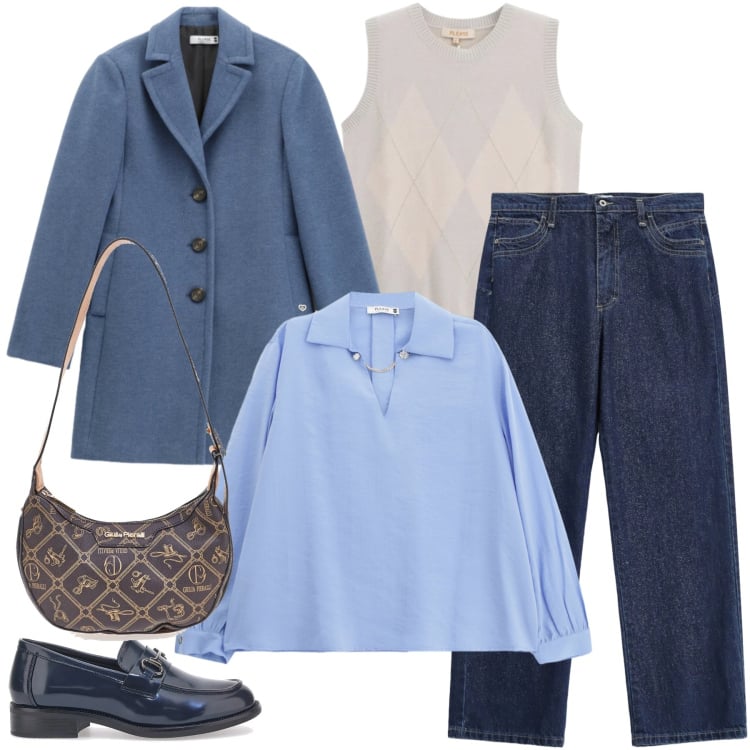 Outfit donna - Total look #2351134. Stile Urban per Ufficio. Abbinamento con maglieria, cappotti, jeans dritti, camicie, mocassini, borse a tracolla.