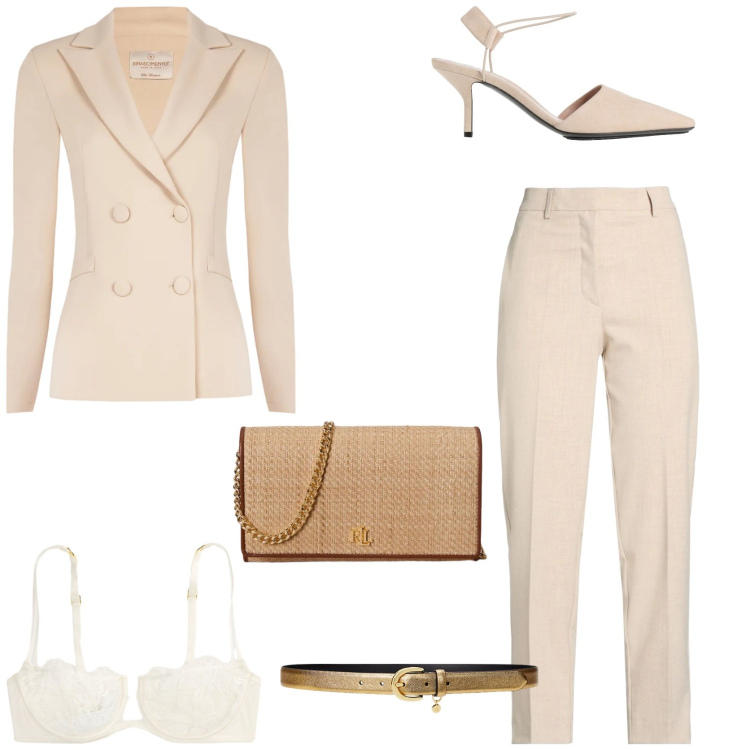 Outfit donna - Il completo minimale in primavera. Stile Chic per Tutti i giorni. Abbinamento con pantaloni, décolleté, blazer, cinture, reggiseni a balconcino, borse a tracolla.