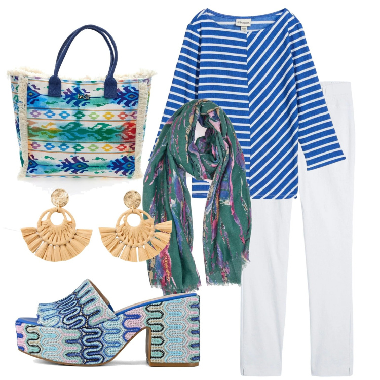 Outfit donna - Stile hippy. Stile 70s per Tutti i giorni. Abbinamento con pantaloni, t-shirt, orecchini, sabot, foulard, shopping bag.