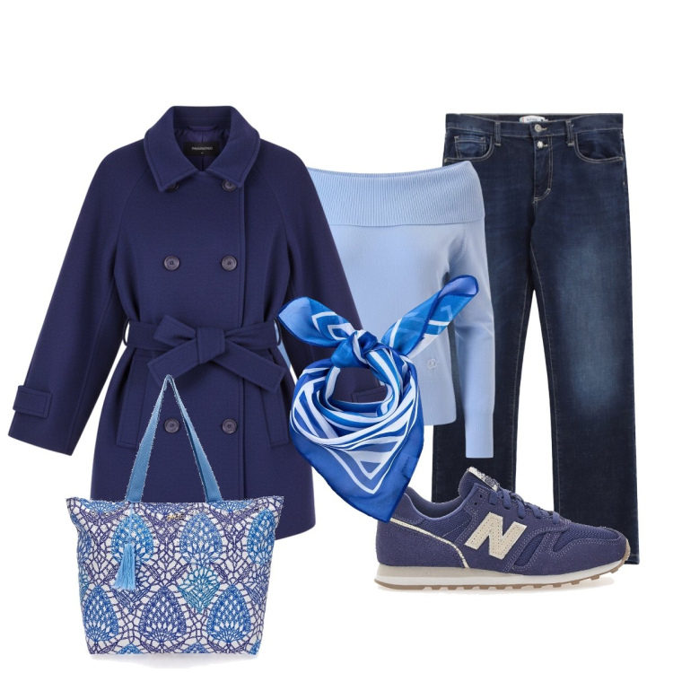Outfit donna - Aria di Primavera. Stile Casual chic per Tutti i giorni. Abbinamento con foulard, jeans dritti, pullovers, cappotti, sneakers, shopping bag.