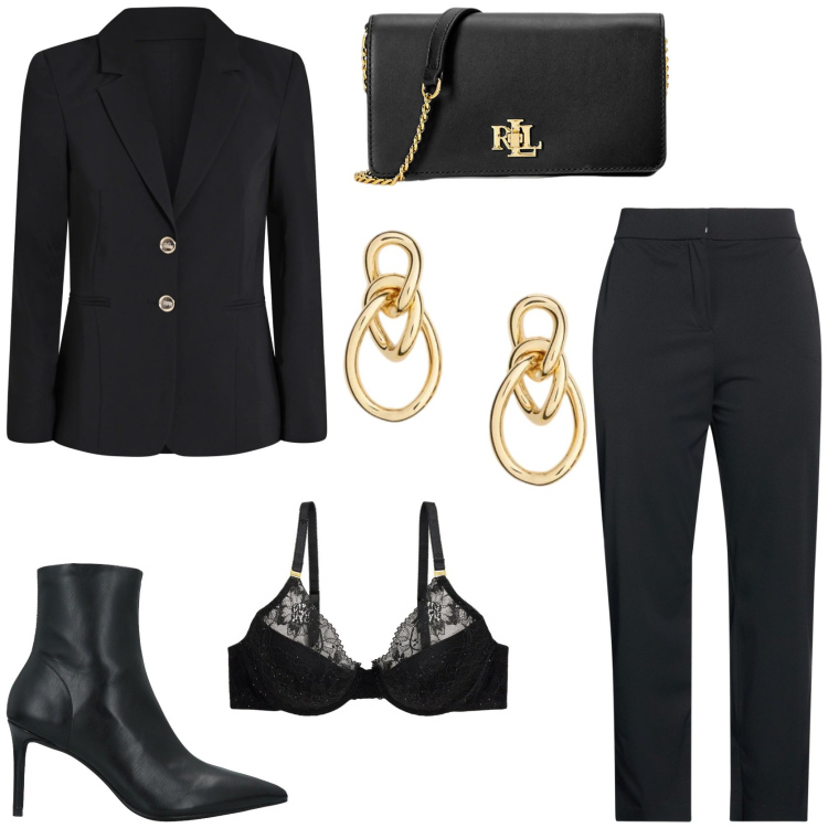 Outfit donna - Serata speciale. Stile Glamour per Serata fuori. Abbinamento con pantaloni, stivaletti, blazer, borse a mano, reggiseni, orecchini.