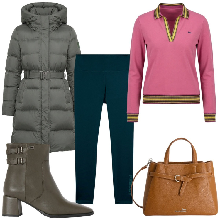 Outfit donna - Total look #2351141. Stile Trendy per Tutti i giorni. Abbinamento con piumini, borse a mano, stivaletti, polo, leggings.