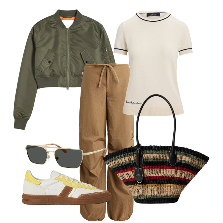 Outfit donna - Primavera al parco. Stile Sporty chic per Tutti i giorni. Abbinamento con bomber, occhiali da sole, pantaloni, sneakers, maglieria, borse tote.