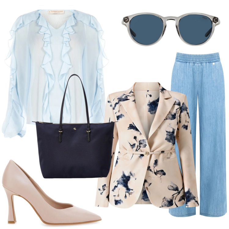 Outfit donna - Una rosa blu. Stile Urban per Ufficio. Abbinamento con bluse, blazer, jeans dritti, occhiali da sole, borse tote, décolleté.