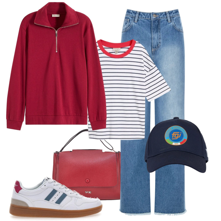 Outfit donna - Daily Rosso e Blu. Stile Casual per Tutti i giorni. Abbinamento con t-shirt, felpe, cappelli con visiera, jeans dritti, sneakers, borse a tracolla.