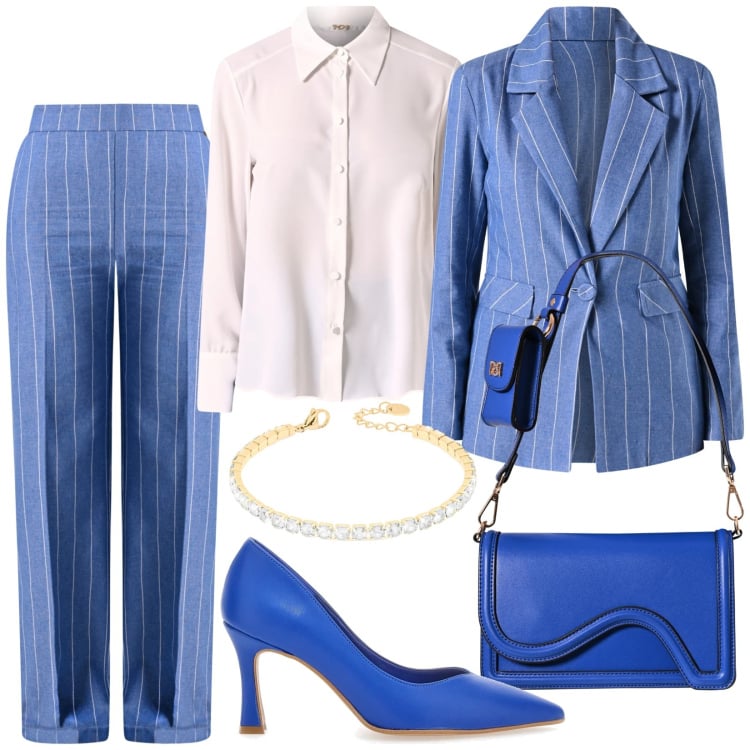 Outfit donna - Total look #2351151. Stile Chic per Ufficio. Abbinamento con pochette, camicie, blazer, pantaloni, braccialetti, décolleté.