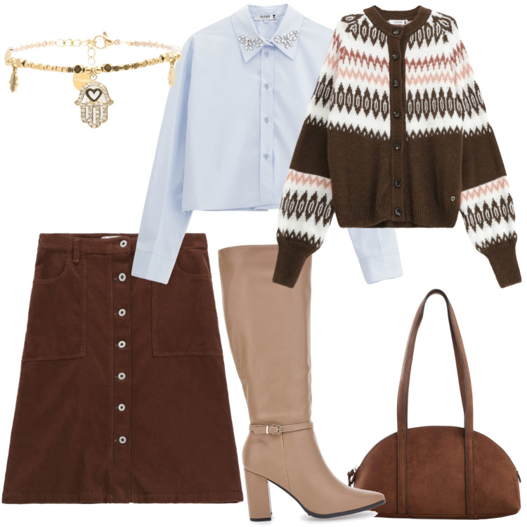 Outfit donna - Con la gonna. Stile Casual chic per Ufficio. Abbinamento con borse a tracolla, braccialetti, gonne, cardigans, camicie, stivali.