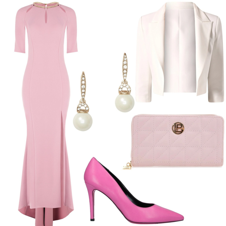 Outfit donna - Cerimonia primaverile. Stile Glamour per Cerimonia. Abbinamento con décolleté, blazer, vestiti lunghi, orecchini, portafogli.