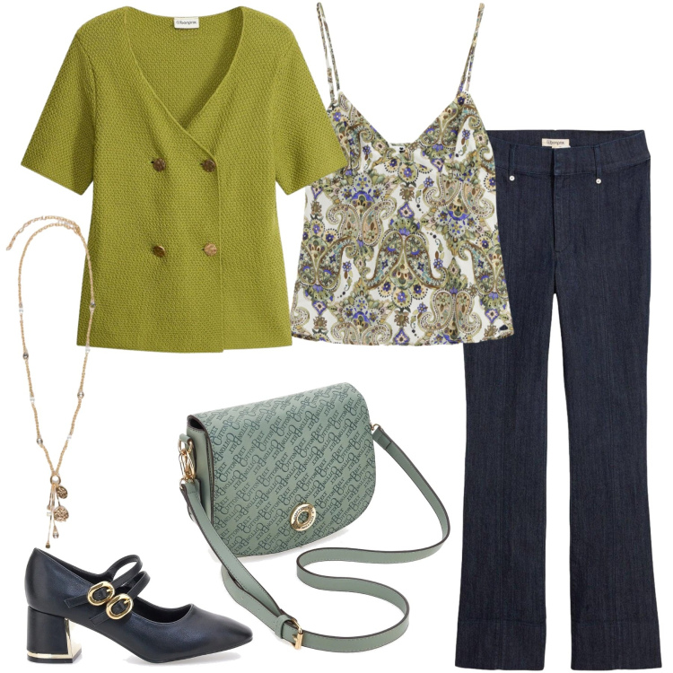 Outfit donna - Total look #2351179. Stile Casual chic per Tutti i giorni. Abbinamento con jeans bootcut, cardigans, ciondoli, top, borse a tracolla, décolleté.