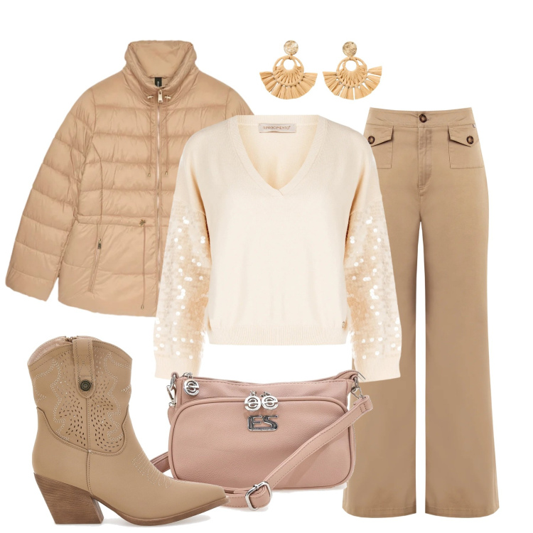 Outfit donna - Pagliuzze di luce. Stile Basic per Tutti i giorni. Abbinamento con orecchini, piumini, maglieria, pantaloni, stivaletti texani, borse a tracolla.